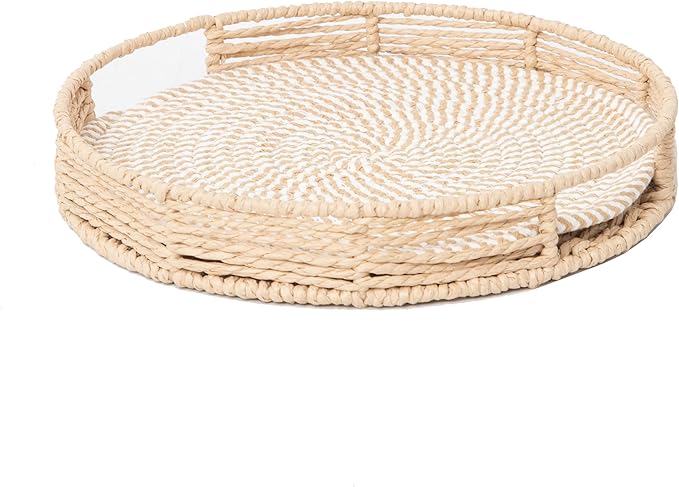 GYASVWU Round Decorative Serving Tray with Handles, Paper Rope Woven Tray for Coffee Table, Rattan Serving Tray for Ottoman, Dining Table Trays, Wicker Trays for Kitchen/Living Room/Bedroom (Beige)