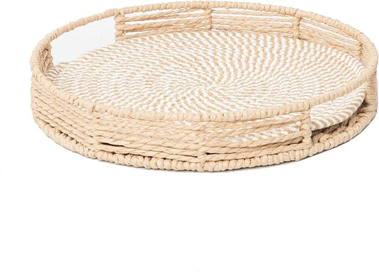 GYASVWU Round Decorative Serving Tray with Handles, Paper Rope Woven Tray for Coffee Table, Rattan Serving Tray for Ottoman, Dining Table Trays, Wicker Trays for Kitchen/Living Room/Bedroom (Beige)