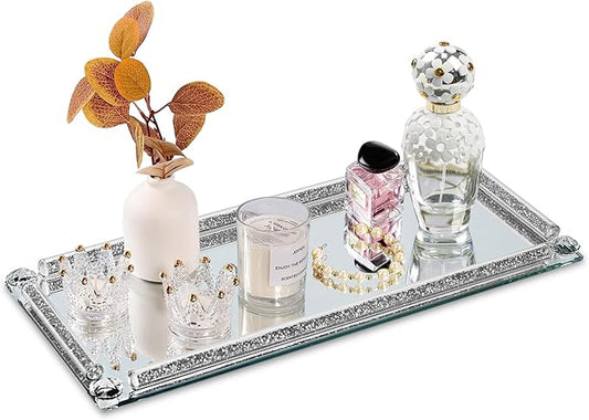 Silver Glass Vanity Tray,Perfume Tray,Mirror Trays for Bedroom Dresser,Decorative Tray for Home Decor Christmas Brithday Gift(Silver Crushed Diamond)