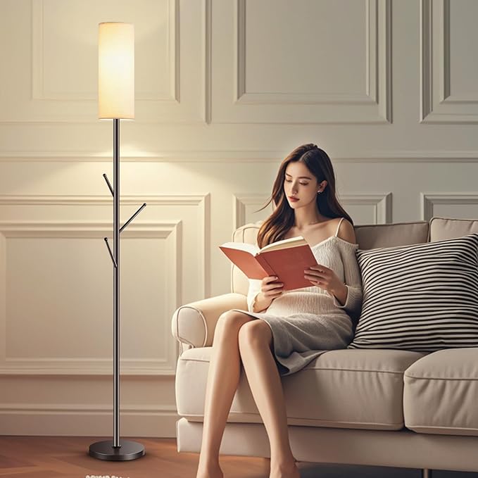 Tall Floor Lamp for Living Room,Modern Standing Lamp with 3 Hooks Clothes Rack,Multi-Functional Floor Light with 9W LED Bulb,Adjustable Color Temperature,Dimmable Floor Lamp for Bedroom Office