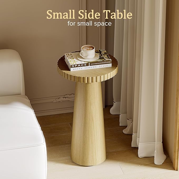 Pedestal End Table, Drink Table for Small Spaces, 10 x10 x 21.6 Wood Fluted Side Table Small Round End Table (1, Natural)