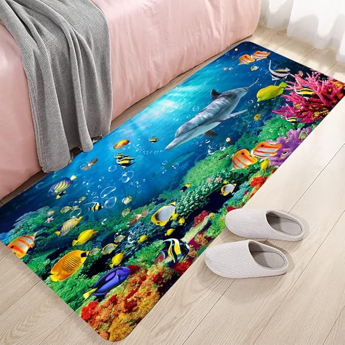 Bath Rugs Sponge Foam Absorbent Soft for Bathroom and Kitchen (47x18 inches),Flannel Mat Non Slip Bright 3D Print for Bedside and Living Room(Dolphin Coral Fish School)