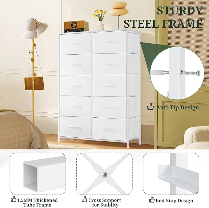 10-Drawer Dresser for Bedroom, Anti-Tip Tall Storage Organizer Chest of Drawers with Wooden Top and Metal Frame Fabric Bins for Closet, Living Room, Hallway, Entryway, White