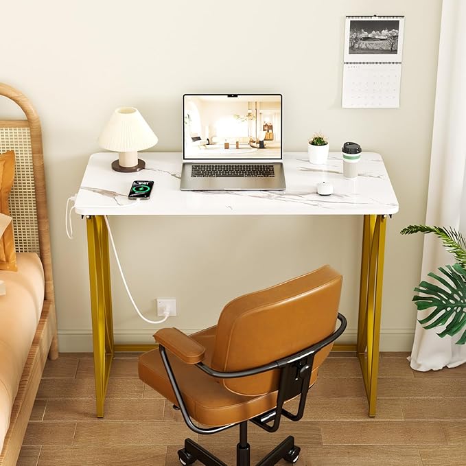 Folding Desk, 31.5" Small Desk for Bedroom with Power Outlet, Space Saving Foldable Computer Desk for Home Office, Easy Assembly, White and Gold