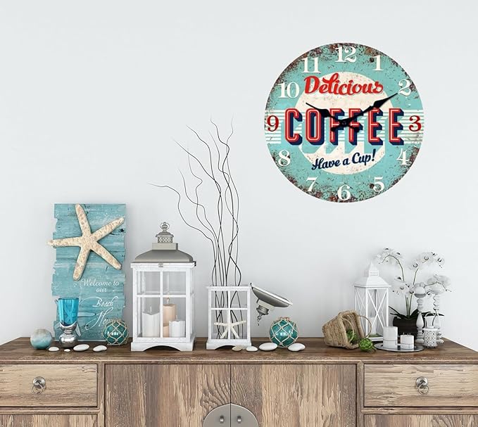 XFM Rustic Kitchen Wall Clock 20 Inch Blue Wooden Wall Clocks Battery Operated Silent Non-Ticking Retro Round Clocks for Cafes Bar Farmhouse Office