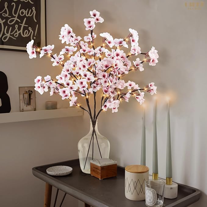 Uieke 3PCS Lighted Cherry Blossom Branches, 30in Artificial Cherry Blossom Flowers with 60 LED Lights Timer Battery Operated Lighted Twig Branches for Vases Wedding Party Home Indoor Decor
