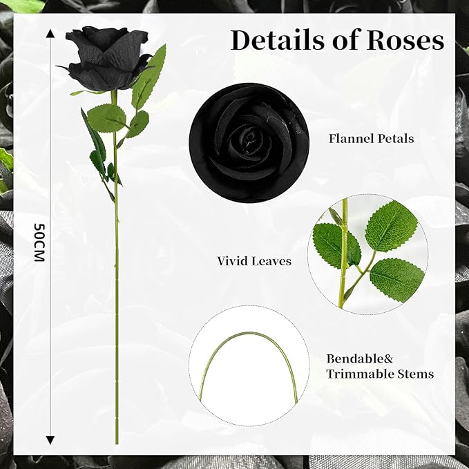 10 PCS Artificial Roses with Long Stems Silk Flowers Realistic Foam Flowers Fake Roses for Valentine's Day Home Wedding Halloween Decor(Black)