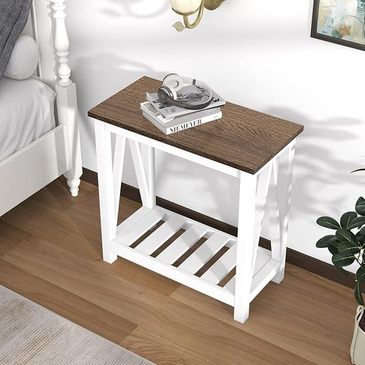 ChooChoo Farmhouse End Table Set of 2, Rustic Vintage Narrow End Side Table with Storage Shelf for Small Spaces, Nightstand Sofa Table for Living Room, Bedroom White