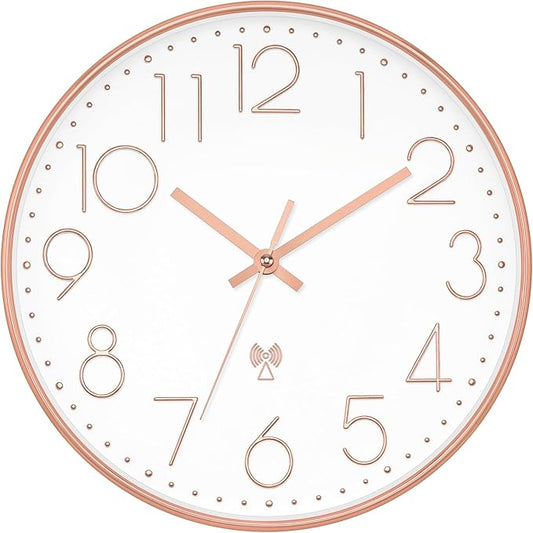 Foxtop Atomic Wall Clock Battery Operated Round Analog Modern Wall Clock Sets Automatically for Office Classroom Bedroom Kitchen Living Room (Rose Gold)