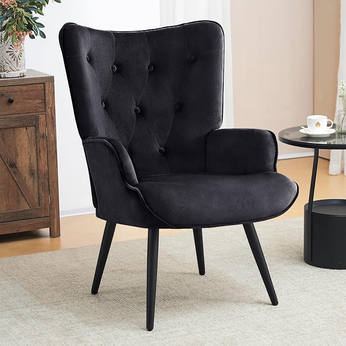 Furniliving Velvet Accent Chair for Living Room, Upholstered Reading Chair with High Backrest, Tufted-Button Wingback Armchair for Bedroom, Dressing Room, Home Office, Black, Set of 2
