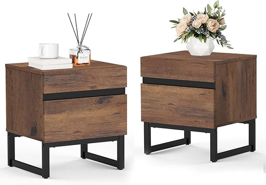 WAMPAT 2 Piece Modern End Table with 2 Drawers, Farmhouse Sofa Table, Wooden Rustic Side Sofa Table with Metal Leg for Living Room, Nighstand for Bedroom, Brown