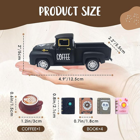 Coffee Decor for Coffee Bar Vintage Metal Truck with Mini Fake Books and Coffee Farmhouse Coffee Station Tabletop Coffee Ghost Sign Halloween Tiered Tray Decor Rustic Coffee Table Centerpiece, Black