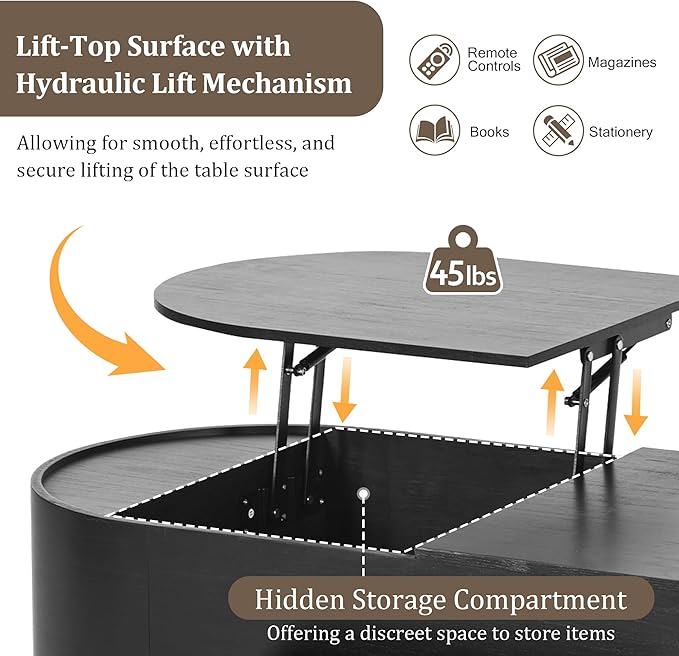 Lift Top Coffee Table with Hidden Compartment, Modern 47.2'' Oval Wooden Center Table Cocktail Tea Table with 360-degree Marble-Patterned Rotating Tray and 3 Drawers for Living Room,Black