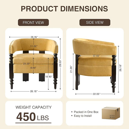 LOULENS Barrel Accent Chair, Vintage Chenille Upholstered Lounge Chair with Solid Wood Legs, Comfy Leisure Side Armchair for Living Room, Bedroom, Reading Nook, Corner, Yellow