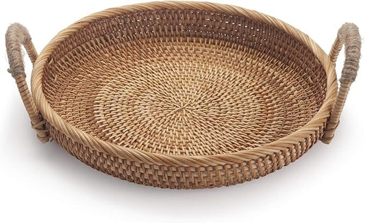 Rattan Round Fruit Basket for Table Wicker Bread Tray with Handle for Serving Food, Crackers, Snacks (11inch D x 1.8inch H)