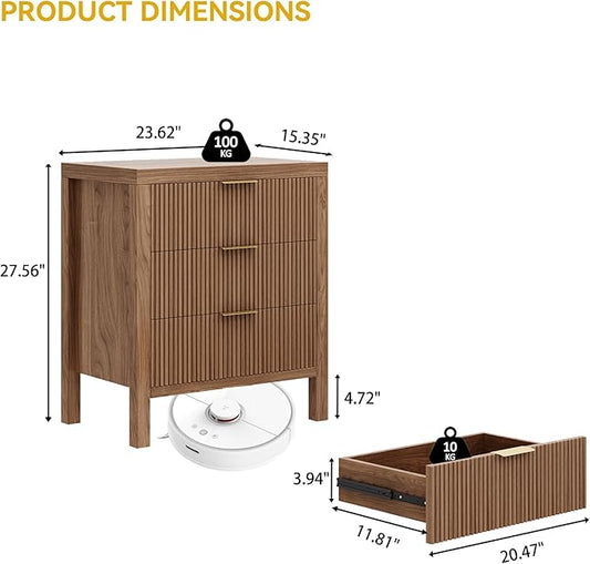 End Table with Storage, Wooden Farmhouse Nightstands with 3 Drawers, Bedside Table - Boho Tall Side Table Accent for Bedroom, Living Room, Walnut