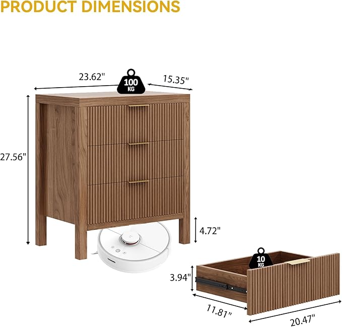 Fluted Nightstands Set of 2, Wooden Farmhouse Night Stands with 6 Drawer Bedside Table - Boho Tall End Table Accent Table for Bedroom, Living Room, Walnut