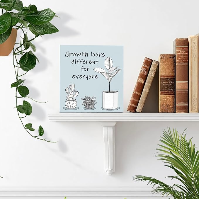 LVQHI Blue Inspirational Wood Block Sign,Growth Looks Different for Everyone Plant Motivational Wooden Block Sign for Home Bedroom Office Desk Decor,Inspirational Cheer Up Gift for Coworker Friend