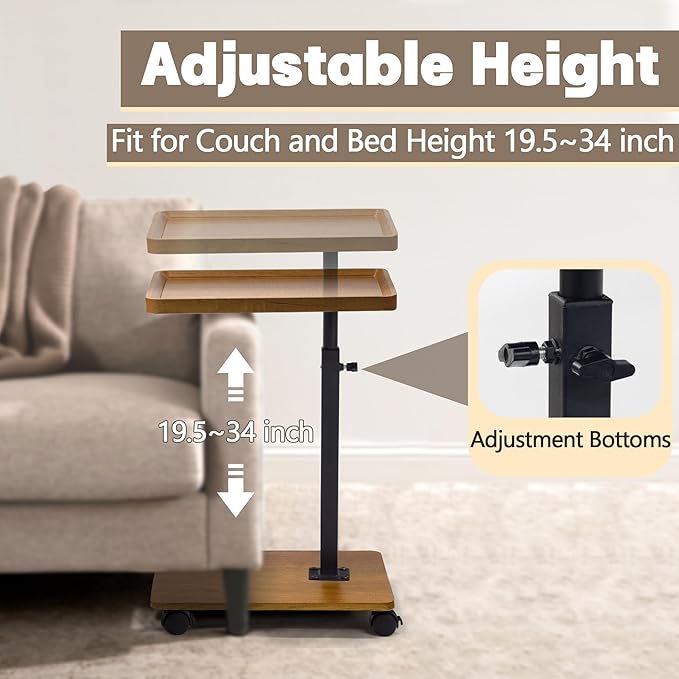 Aoligrace C Shaped End Table Adjustable Height, 360° Swivel Side Table with Wheels, Small TV Tray C Table for Living Room Bedroom, Couch Tables That Slide Under for Sofa Bed Chair