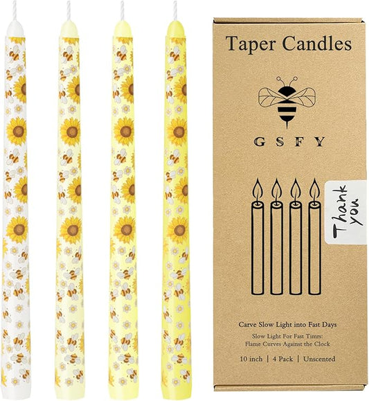10 Inch Taper Candles with Honeybee Design – Smokeless Dripless Yellow Dinner Candles for Table, Party, Farmhouse Decor (4-Pack Assorted Yellow B)