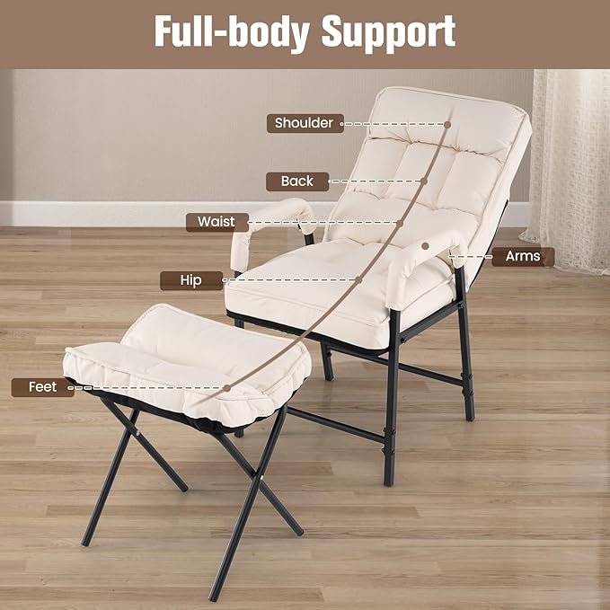 Giantex Modern Accent Chair with Ottoman, Upholstered Arm Chair with Adjustable Backrest & Solid Metal Frame, Linen Fabric Single Sofa Chair and Footrest Set for Bedroom, Living Room (Beige)