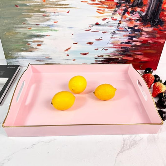 Pink Serving Tray with Handles, Plastic Decorative Tray for Coffee Table, Ottoman - Ideal for Living Room & Bathroom. 15” x 11” x 2.5”