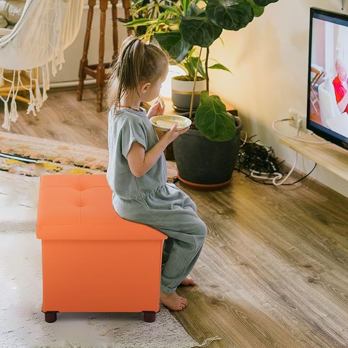 Storage Ottoman for Living Room Ottoman Square with Tray Bedroom Cube Foot Rest Stool with Legs Small Ottomans Coffee Table Lid Foldable Footstool Faxu Leather 15" in (Orange)