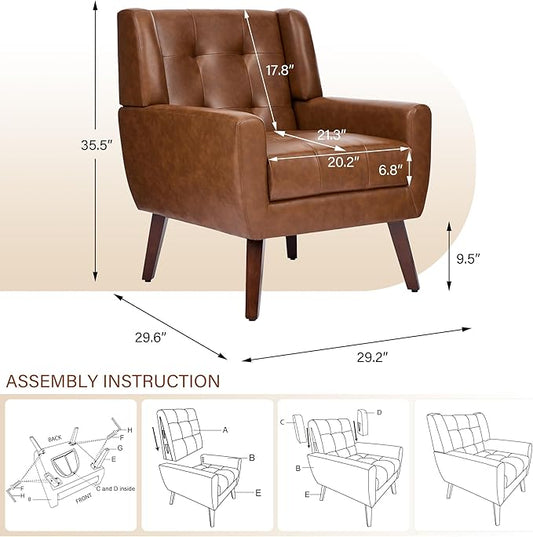 Pia Ricco 2 Pack Mid Century Modern Accent Chairs, Button Tufted Faux Leather Armchairs - Easy-Clean Matching Set for Living Room, Durable Sofa Chairs for Home Office & Lounge, Coffee