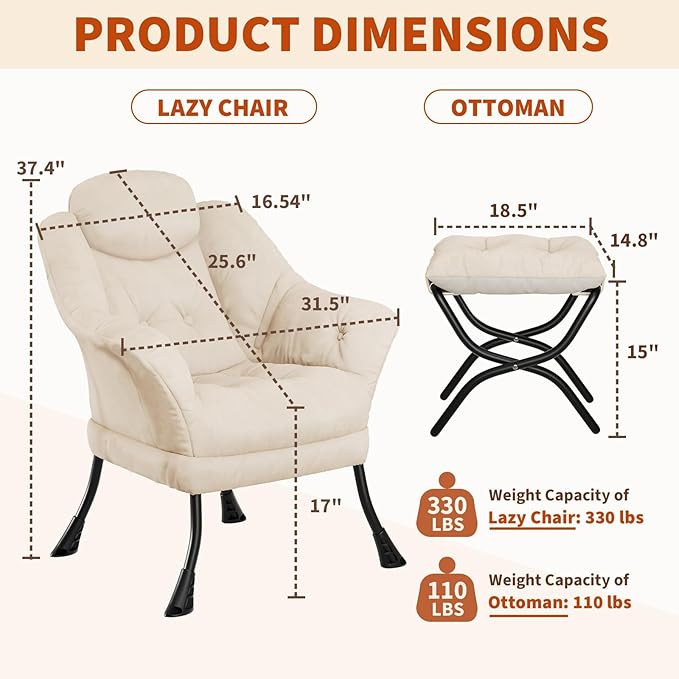 Living Room Chair Modern Accent Chair with Ottoman, Ergonomic Support, Foldable Footrest, Removable Washable Cover, Perfect for Bedroom and Living Room, Beige