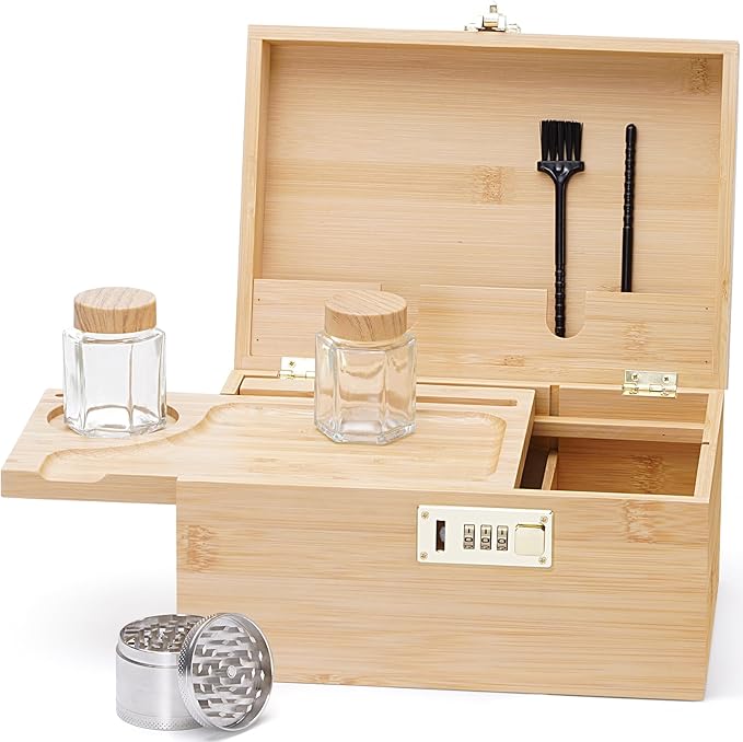 Large bamboo box, locked storage decorative box with combination lock, wooden lock box with lid, wooden locked storage box with removable tray and jars
