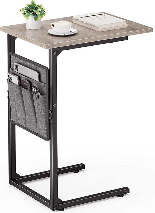 Vagusicc C Shaped End Table, Small Side Table for Couch, Couch Side Table C Table for Small Space, TV Tray Slide Under Sofa Snack Table with Metal Frame for Living Room, Bedroom, Bedside, Grey