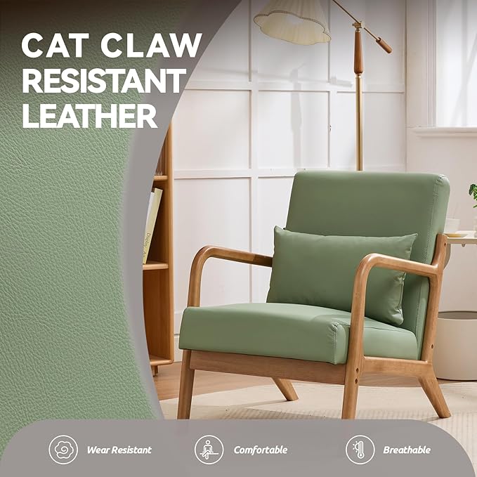 Mid Century Modern PU Leather Accent Chair, Living Room Chairs with Lumbar Pillow Boho Arm Chiar Reading Chair with Solid Wood Frame for Living Room Bedroom