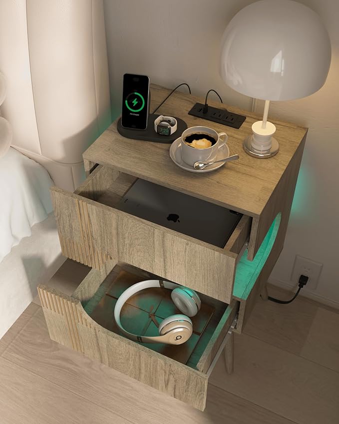 Nightstand with Charging Station and LED Lights,Modern Bedside Table with 2 Storage Drawer,Night Stand with Solid Wood Legs,White (Grey Osk)