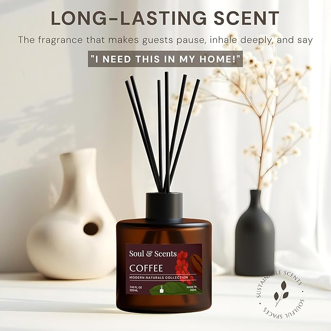 Soul & Scents Reed Diffuser Set – Coffee | 7.43 oz Refillable Scented Oil with 6 Fiber Sticks | Long-Lasting Home Fragrance & Air Freshener for Bedroom, Bathroom, Office | Gift & Décor Piece