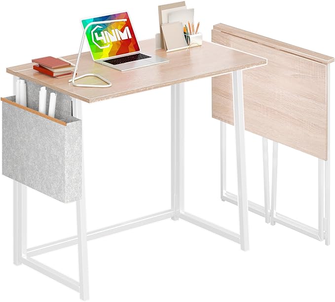 4NM 31.6" Small Folding Desk, Foldable Computer Home Office Desk, Study Writing Table for Small Space Saving Bedroom, with Storage Bag - Natural and White