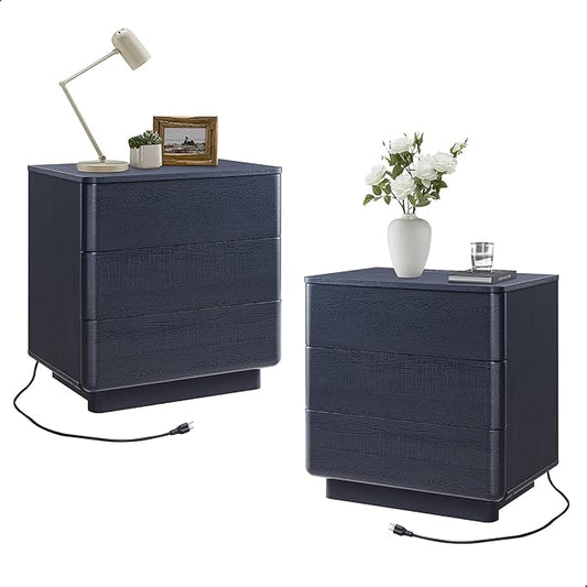 ACCOHOHO 22" Modern Nightstand Set of 2 with Charging Station, 3 Push-to-Open Drawers Bedside Table, Large End Table with Storage, Night Stand for Bedroom, Living Room, Curved Profile, Dark Black