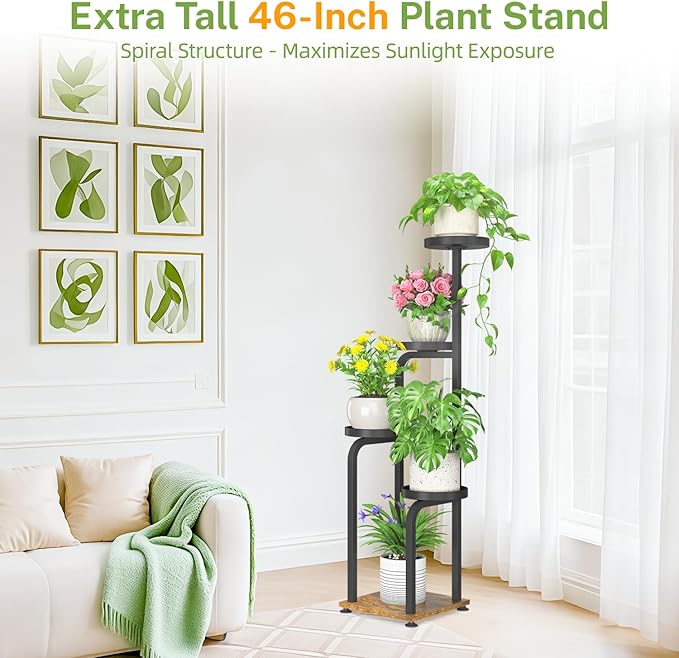 iDavosic.ly Tall Plant Stand Indoor, 4 Tier Corner Multiple Flower Holder Shelf with Metal Trays, Space Saving Display Rack for Living Room Balcony Patio Porch Outdoor | Black & Brown