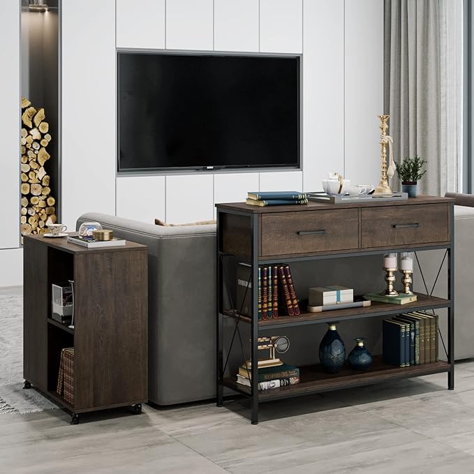HITHOS Industrial Console Table with Drawers, Vintage Hallway Foyer Table with Storage Shelves, Narrow Long Sofa Entryway Table for Living Room, Dark Brown