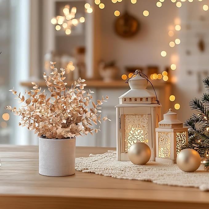 2 Pack Gold Eucalyptus Small Fake Plants Potted Artificial Plants for Christmas Decorations Shelf Desk Home Farmhouse Room Coffee Table Bathroom Decor