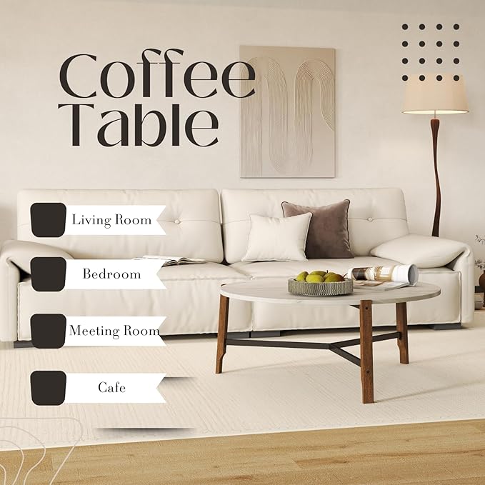 Modern Round Coffee Table, 36’’ Wide Wooden Side Table Mid-Century End Table with Wood Legs Metal Support for Living Room Bedroom, White