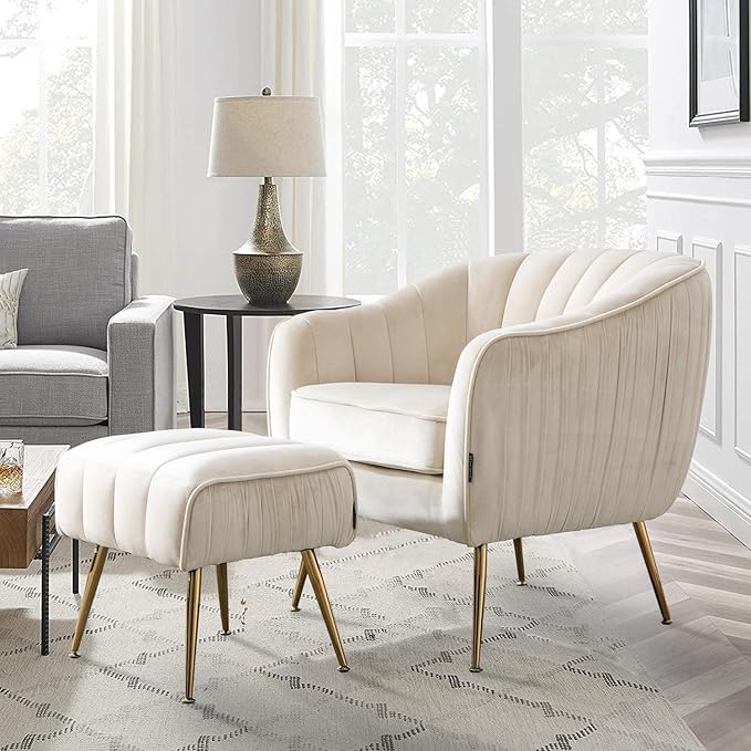 Velvet Accent Chair with Ottoman, Living Room Bedroom Chair Set, Modern Barrel Arm Chair and Ottoman Set, Golden Finished, Beige