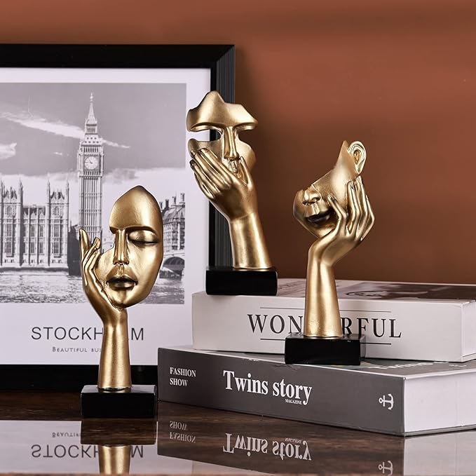 3 Pcs Thinker Small Statue Set - Black Gold Home Decor Abstract Art Figurines for Shelves, Living Room Coffee Table, Office Desktop (3 Pcs Gold, 6")