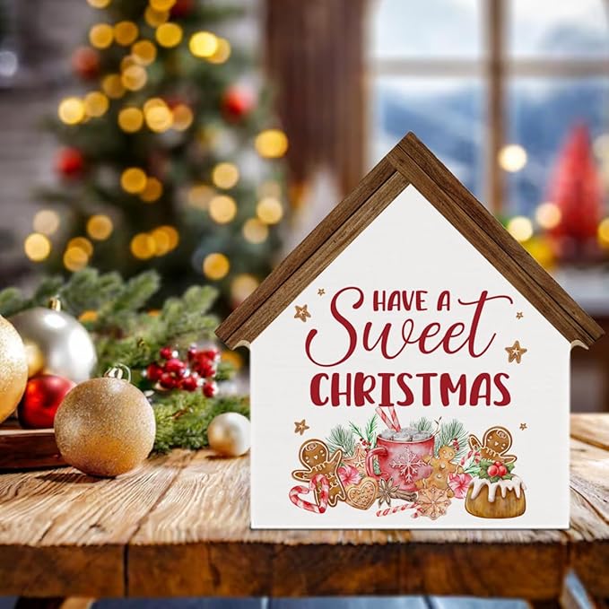 Christmas Kitchen Decor, Have a Sweet Christmas House Shaped Wood Block Sign Gingerbread Hot Cocoa Decor Xmas Holiday Kitchen Hot Cocoa Bar Decorations for Desk Table Shelf