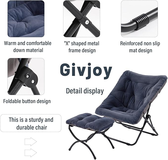Comfy Folded Chair with Ottoman, Oversized Folding Faux Fur Chair Soft Furry Lounge Lazy Chair with Metal Frame Moon Chair Accent Chair for Bedroom, Living Room, Dorm Rooms