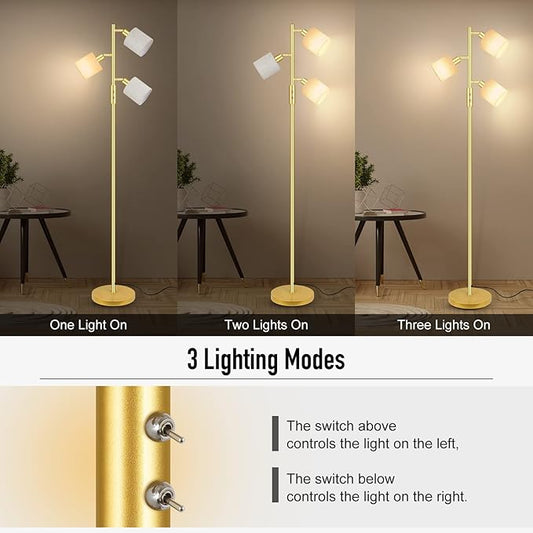 Gold Floor Lamps for Living Room, 3 Color Temperature, 3 Light Tree Standing Lamp, Minimalist Corner Floor Lamp with Lamp Shades Modern Pole Lamp for Bedroom Office Kids Room, Reading (5W LED Bulbs)