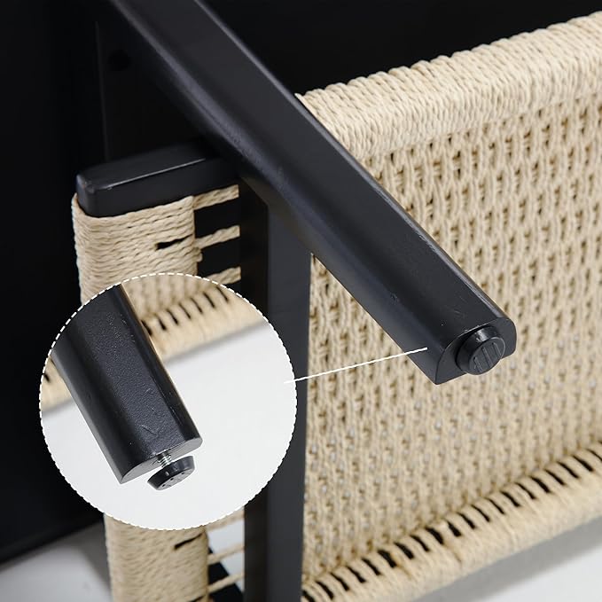 Farmhouse Coffee Table with Rattan Storage Boho Mid Centry Modern Center Table with Under Shelf Wood Living Room Table with Woven Shelf Underneath for Living Room Lounge, Black