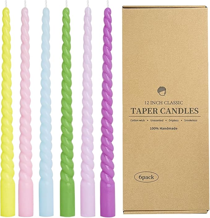 12 Inch Spiral Taper Candles, Smokeless Dripless Long Candle – Unscented Decorative Dinner Candles for Home, Wedding, Party, Table Decor, and Holiday Celebrations (6-Pack Assorted Colors A)