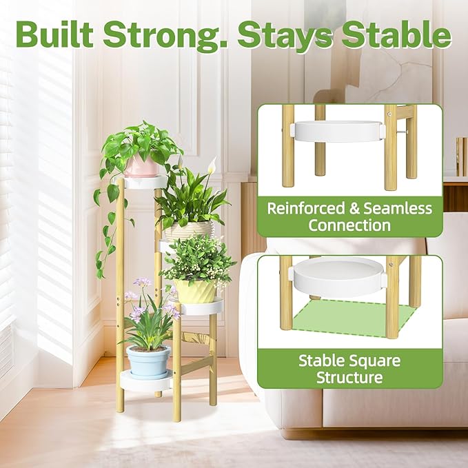 iDavosic.ly 4 Tier Bamboo Plant Stand Indoor Outdoor with Plastic Tray, Tiered Corner Flower Holder Shelf, Space Saving Orchid Display Rack for Patio Porch Living Room Garden Balcony, Natural White