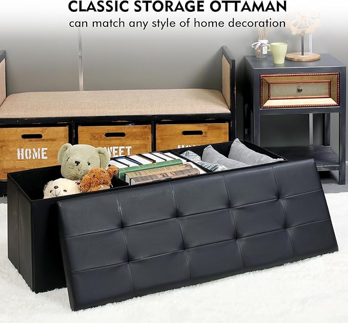 PINPLUS Folding Storage Ottoman Bench, Black Faux Leather Long Chest with Tray, Footrest Seat, Blanket Storage for Living Room Bedroom Office Hallway, 43.3"x15"x15"