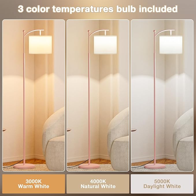 60" Floor Lamps for Living Room with 3 Color Temperatures, Adjustable White Shade with Pink Pole, Tall Lamps for Living Room Bedroom Office Classroom Dorm Room, 9W Bulb Included
